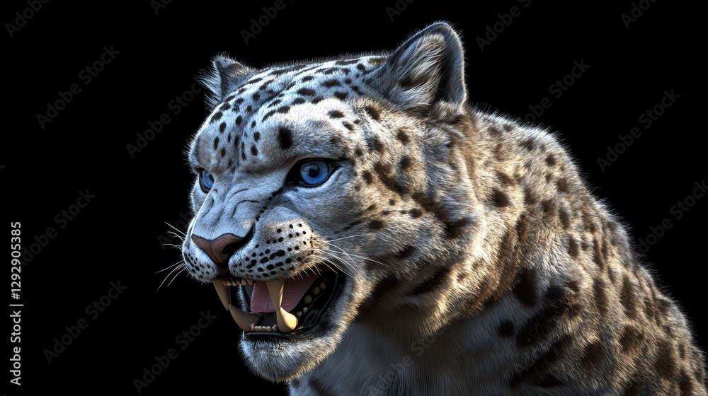 Naklejka premium A majestic snow leopard, piercing blue eyes, mouth slightly open revealing sharp teeth