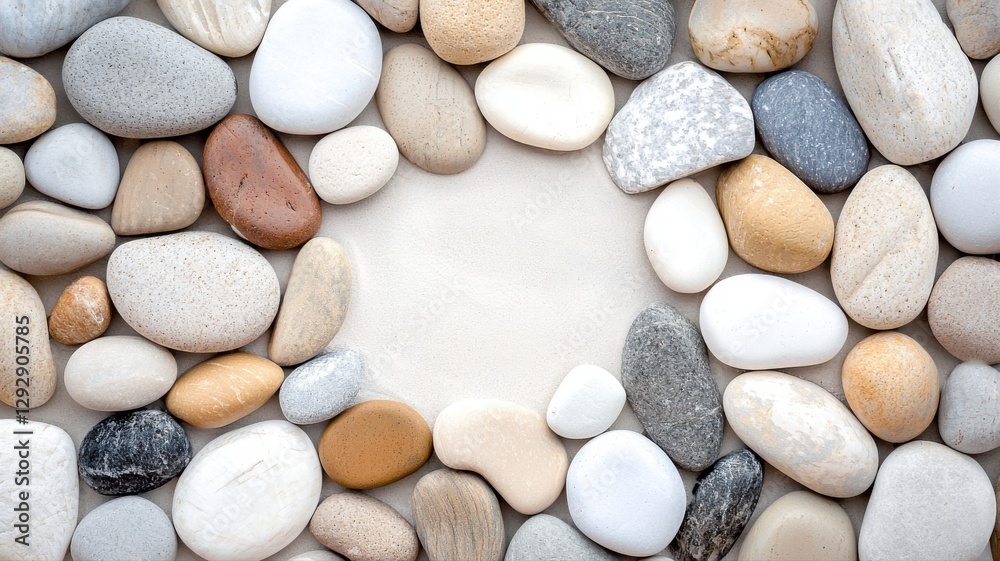 Colorful smooth pebbles arranged in a circle creating a natural frame on a soft sand background. Colorful smooth pebbles arranged in a circle creating a natural frame on a soft sand background.