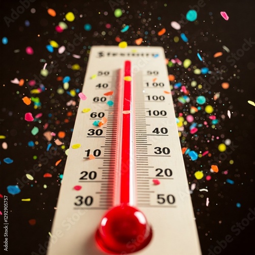 Close-up of fundraising thermometer reaching the top with vibrant confetti around it.