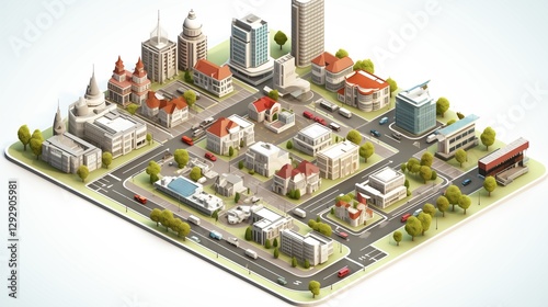 3D isometric set of isolated high-quality city maps, featuring detailed streets, buildings, and urban planning on a white background