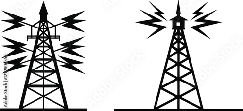Broadcast Antenna Silhouette Icon Bundle - Linocut Vector Art,Radio telephone tower illustration Icon.