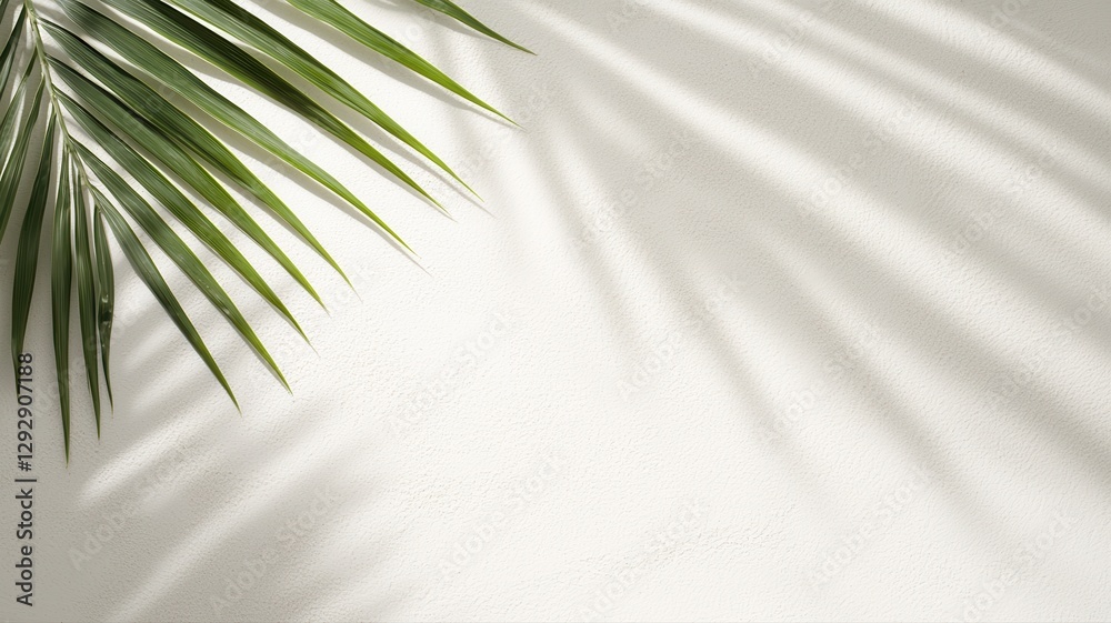 Fototapeta premium Elegant palm leaf casting soft shadows on a white wall, showcasing nature's beauty and minimalism.