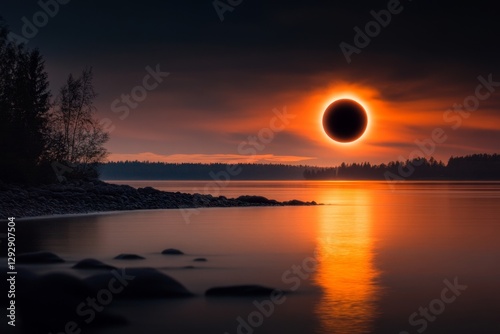 A solar eclipse over a calm river, with the water reflecting the sky eerie colors during totality