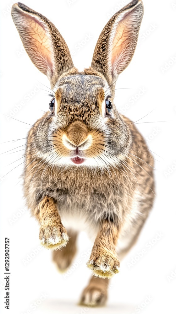 Obraz premium A rabbit running towards the viewer, showcasing its lively expression and fluffy fur.
