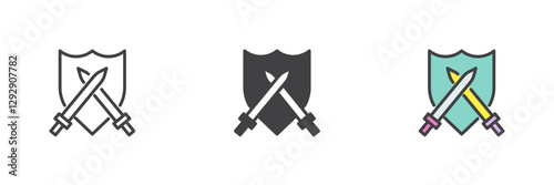 Crossed swords on a shield different style icon set