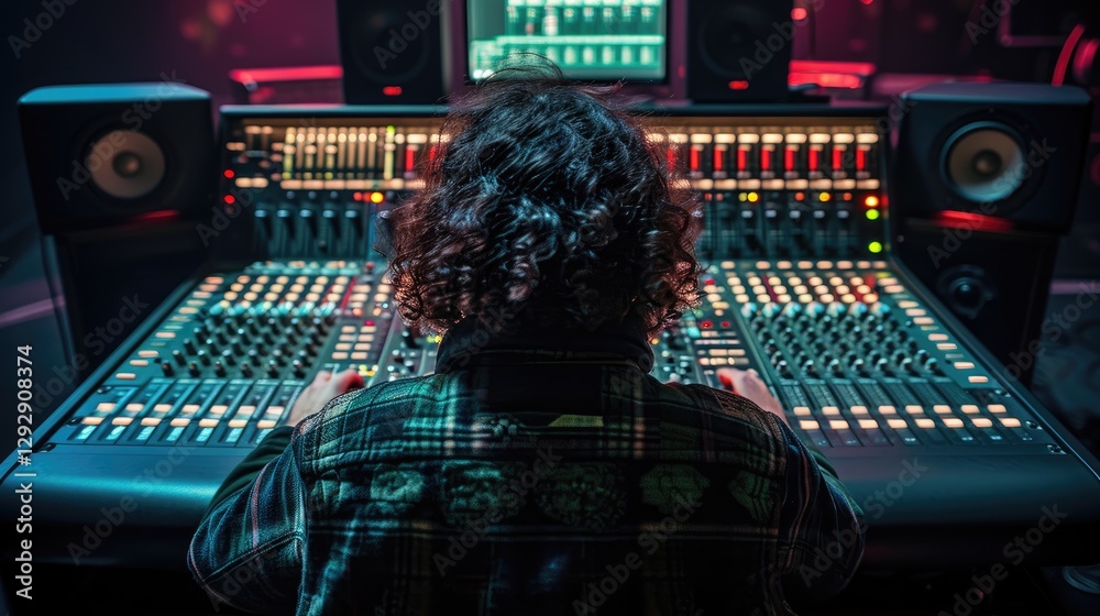 Person sits at a large mixing console in a recording studio, adjusting audio levels.