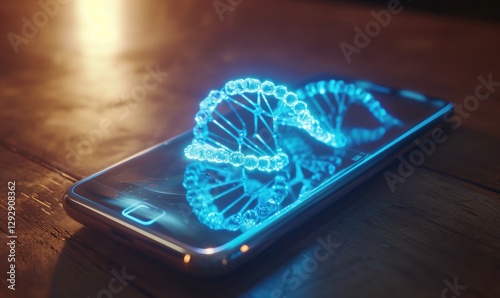 Obraz na płótnie Luminous blue DNA helix is displayed on a modern smartphone screen resting on a wooden surface. w salonie