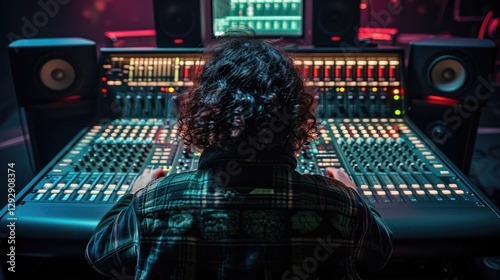 Obraz na płótnie Person sits at a large mixing console in a recording studio, adjusting audio levels. w salonie