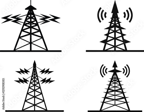 Broadcast Antenna Silhouette Icon Bundle - Linocut Vector Art,Radio telephone tower illustration Icon.