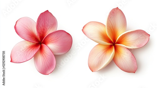 The image shows two Plumeria flowers isolated on a white background. Frangipani Design Element