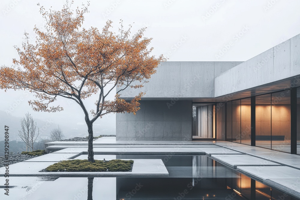 Obraz premium Modern Minimalist Concrete House with Reflective Pool and Autumn Tree in Serene Landscape