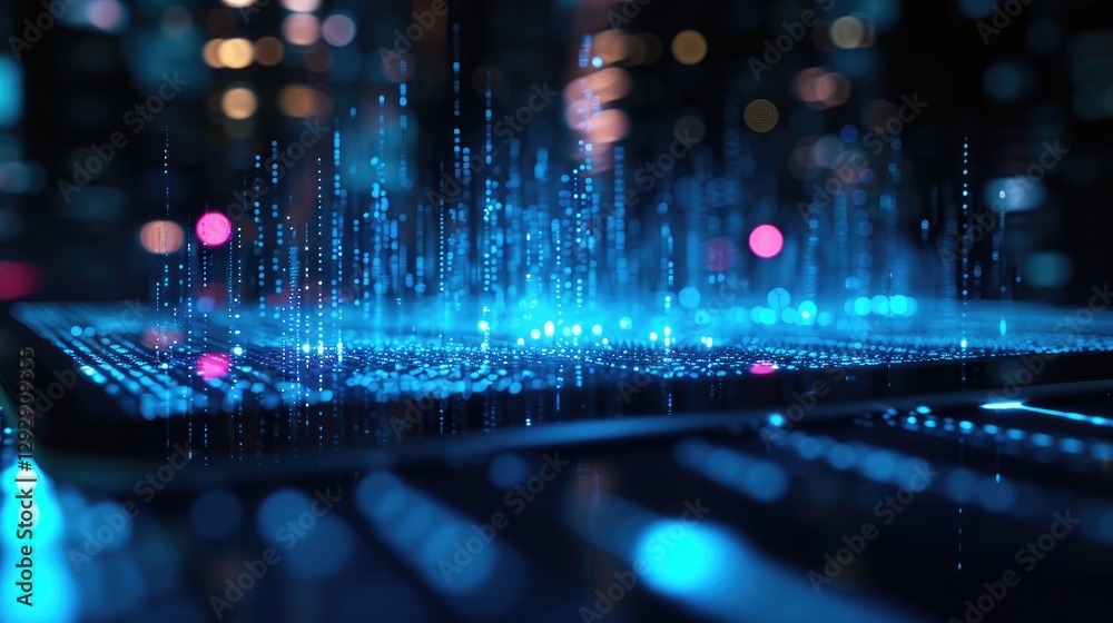 Abstract Blue Digital Data Stream Over City Lights