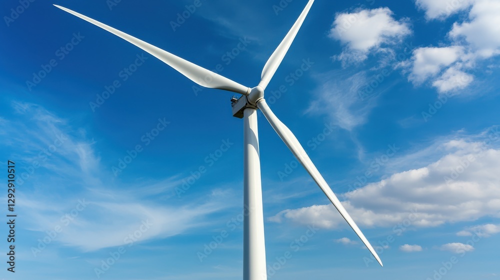A tall wind turbine stands against a bright blue sky, featuring large blades that are designed to harness wind energy efficiently. A tall wind turbine stands against a bright blue sky, featuring large blades that are designed to harness wind energy efficiently.