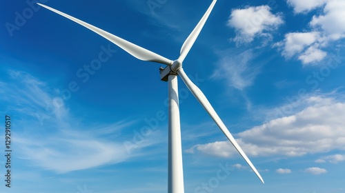 A tall wind turbine stands against a bright blue sky, featuring large blades that are designed to harness wind energy efficiently. photo