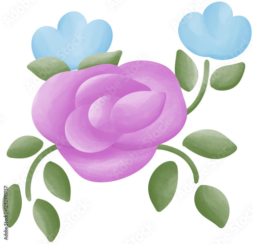 Illustration of a small purple rose blooming.
