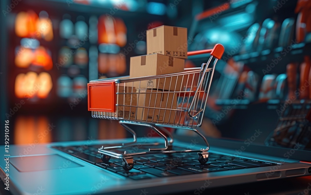Online Shopping Cart With Cardboard Boxes On Laptop