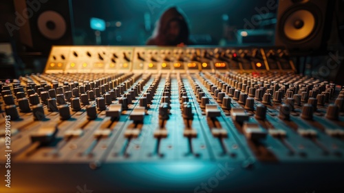 Obraz na płótnie Close-up view of an audio mixing console with a blurred person in the background suggesting a recording studio w salonie