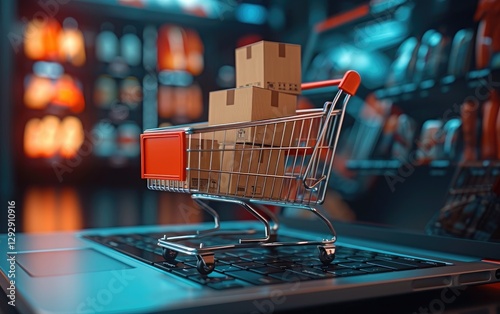 Online Shopping Cart With Cardboard Boxes On Laptop