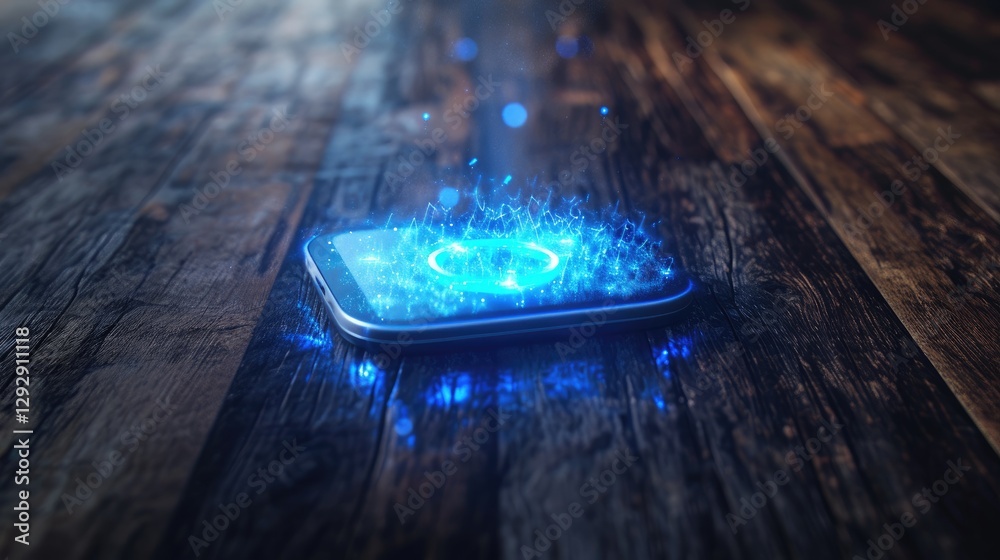 Glowing Smartphone Screen Displays Digital Data on Wooden Surface