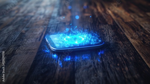 Obraz na płótnie Glowing Smartphone Screen Displays Digital Data on Wooden Surface w salonie