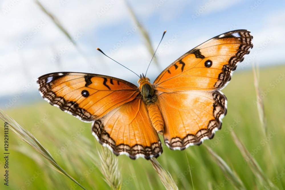 Fototapeta premium A vivid orange julia butterfly flying over a lush green field under a clear blue sky