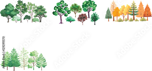 Forest trees in a serial watercolor vector art set design