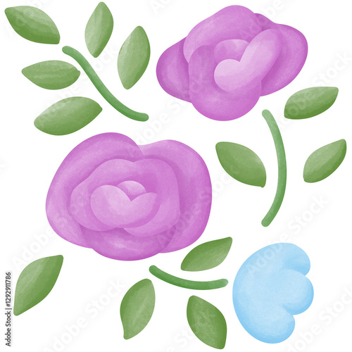 Illustration of a small purple rose blooming.