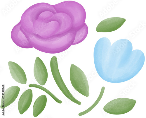Illustration of a small purple rose blooming.
