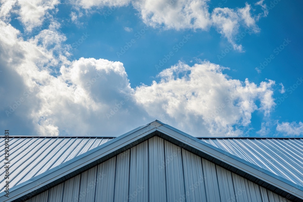 Roof of metal sheets on a slope set against a backdrop of clouds and blue sky Roof of metal sheets on a slope set against a backdrop of clouds and blue sky