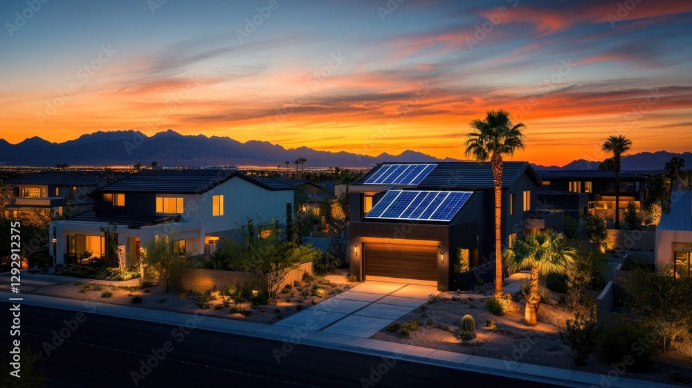 Obraz premium Sunset over Modern Solar Home in Desert Landscape