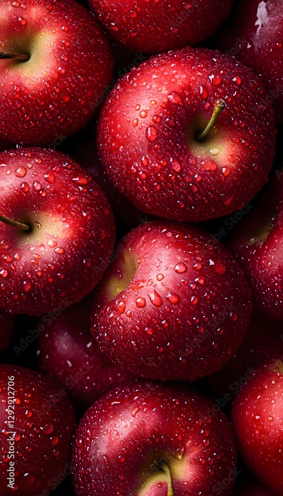 Freshly picked red apples covered in water droplets gleam Freshly picked red apples covered in water droplets gleam
