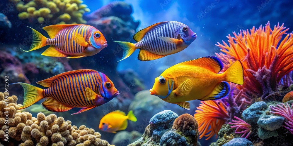 Fototapeta premium Vibrant Reef Inhabitants A Colorful Underwater Scene Featuring Four Striking Fish Species Amidst Lush Coral and Anemone