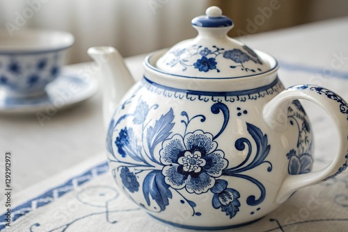 Minimalistic photo of a Russian Gzhel teapot, extreme close-up emphasizing the intricate blue-and-white floral designs, softly blurred background. photo