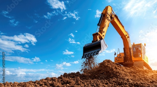 Excavator Digging Dirt Under Sunny Sky photo