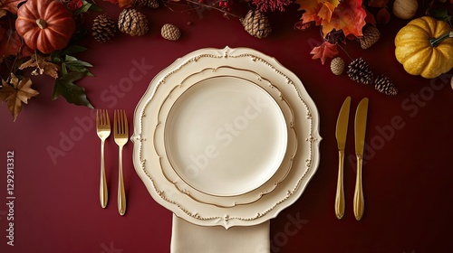 Autumn table setting with white plate, gold cutlery, beige napkin, and decorations of pumpkins, acorns, and fall branches on a deep red background. Thanksgiving dinner concept.