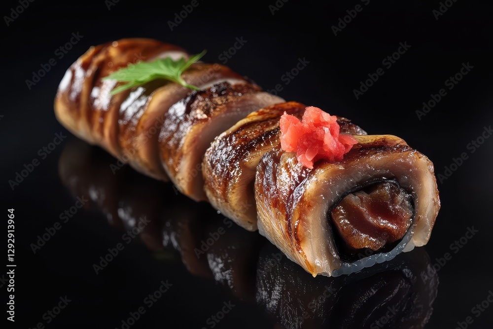 Fototapeta premium Smoked eel sushi roll set against a black backdrop