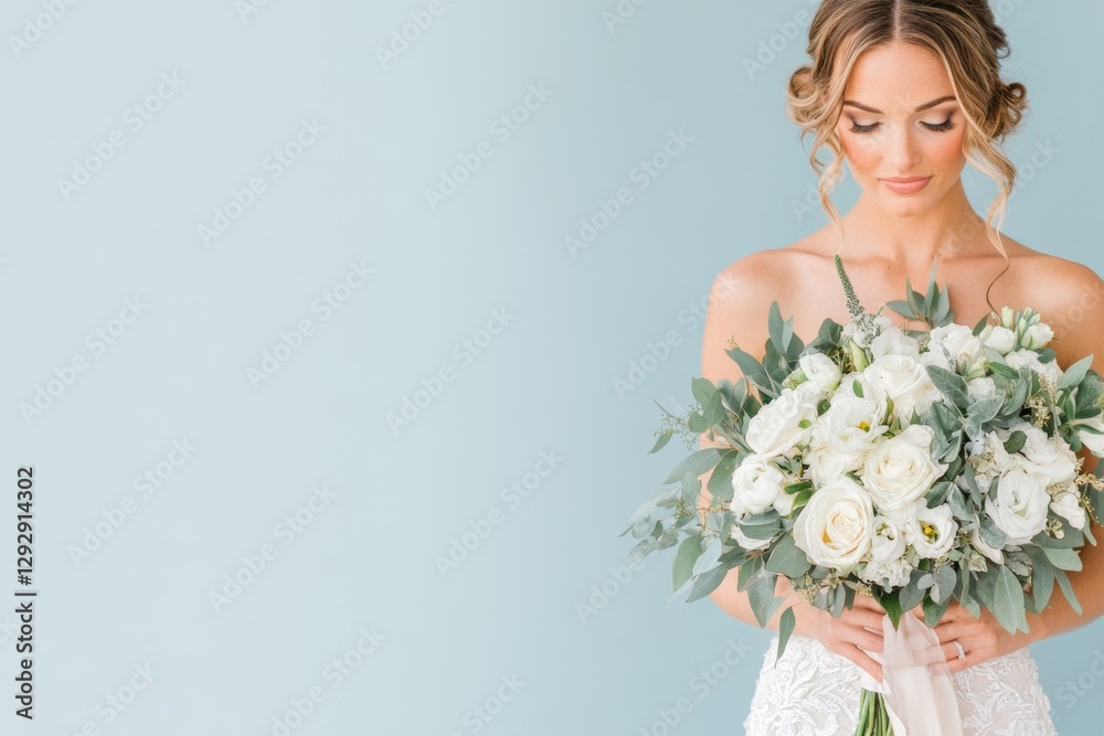 A bride holding a cascading bouquet of white roses, greenery, and orchids, tied with a flowing silk ribbon A bride holding a cascading bouquet of white roses, greenery, and orchids, tied with a flowing silk ribbon