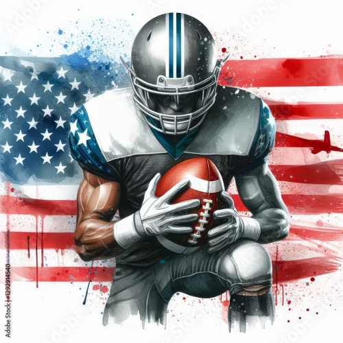 American football player in silver helmet holding ball against USA flag. Dynamic sports illustration symbolizing strength, competition, and patriotism