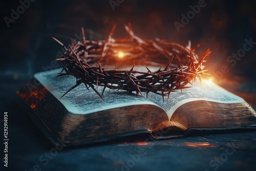 The Crown and the Book: a captivating image features a detailed, open antique book with a crown of thorns, illuminated with warm lighting, creating a solemn and contemplative atmosphere.