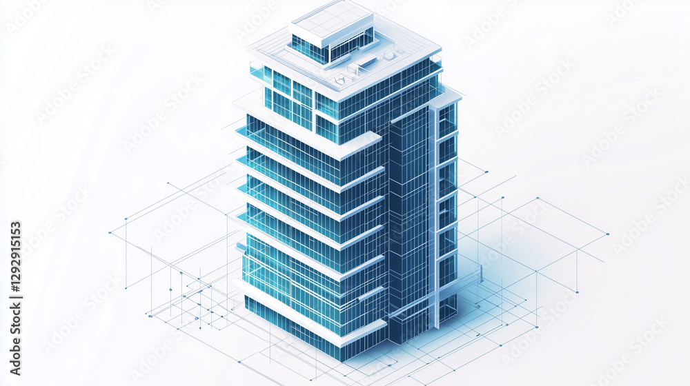 A futuristic isometric apartment skyscraper with a crisp white and blue color palette, standing tall in a digital blueprint style A futuristic isometric apartment skyscraper with a crisp white and blue color palette, standing tall in a digital blueprint style