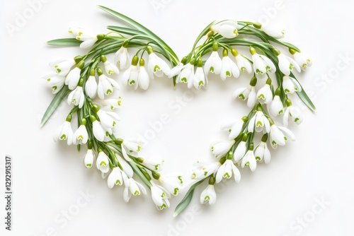 Snowdrop flowers arranged in a heart shape on a white background symbolizing love for International Women s Day