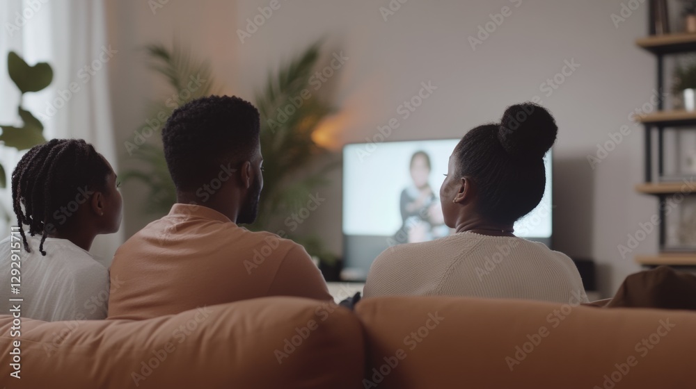 Obraz premium A family watching a video on carbon monoxide safety in their living room. Featuring family care and awareness