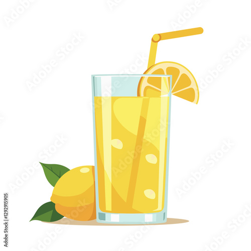 Refreshing lemonade illustration: a tall glass with straw and lemon garnish next to whole lemons and leaves all in a cute vector style