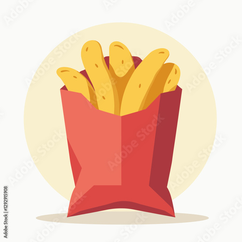Stylized french fries in a red paper container cartoon style Minimalistic design against a light background Fun food vector design
