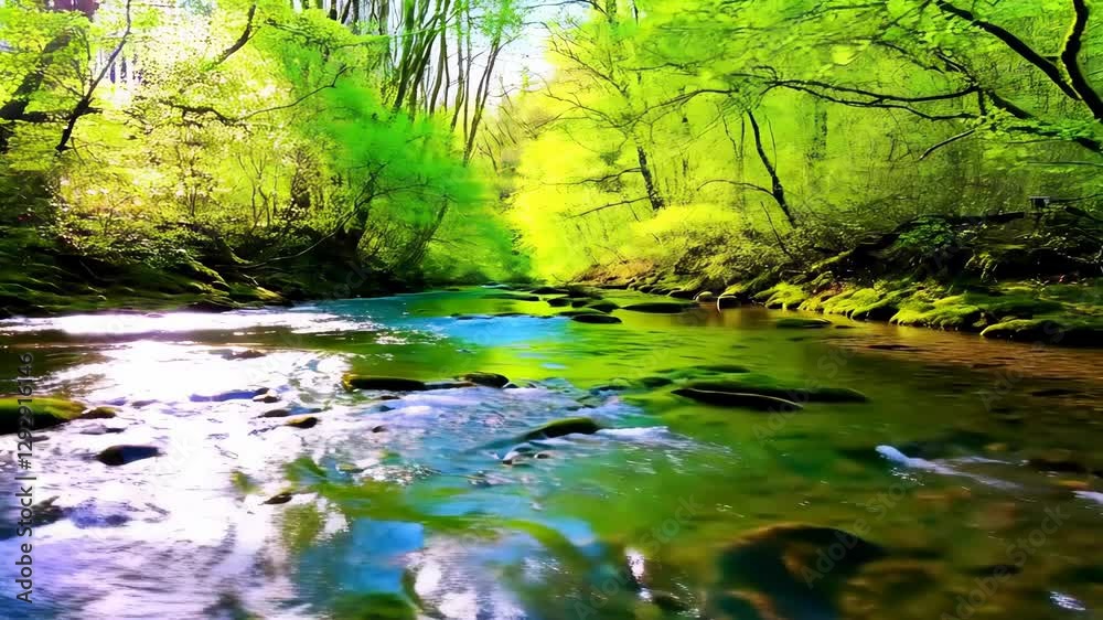 A serene forest stream flows gently through moss-covered rocks, reflecting vibrant green leaves under dappled sunlight, creating a tranquil and refreshing atmosphere A serene forest stream flows gently through moss-covered rocks, reflecting vibrant green leaves under dappled sunlight, creating a tranquil and refreshing atmosphere