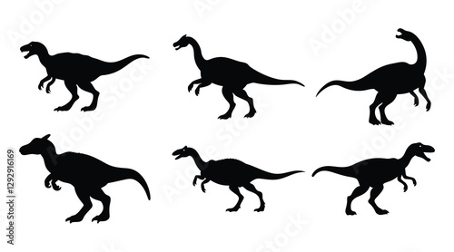 Black Silhouette Dinosaur Icons Set - Prehistoric Creatures Vector Illustration