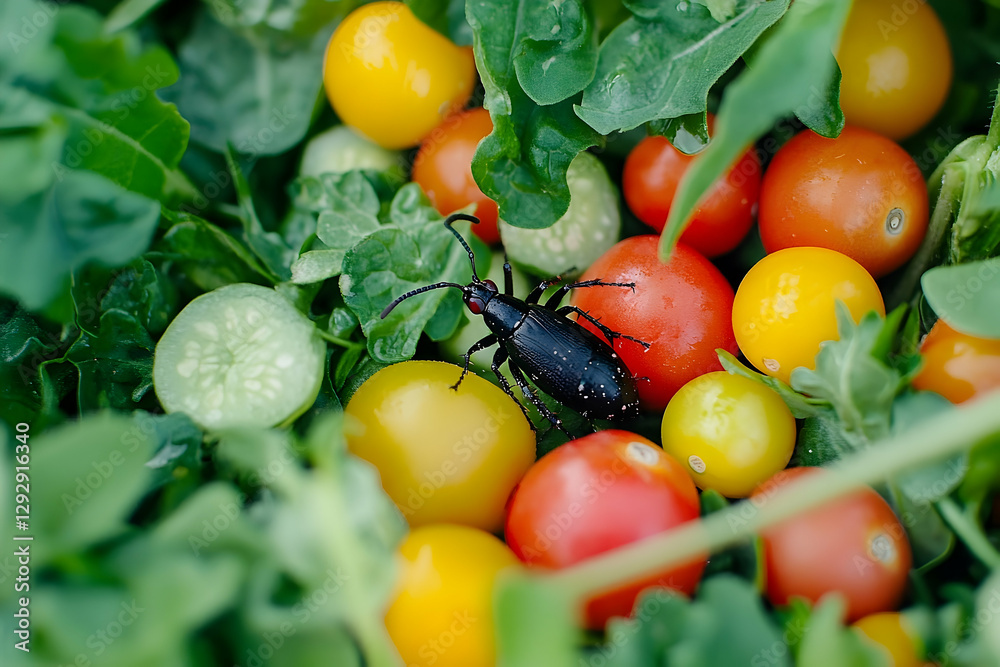 Close-up of an insect amidst ripe cherry tomatoes in a garden setting Close-up of an insect amidst ripe cherry tomatoes in a garden setting