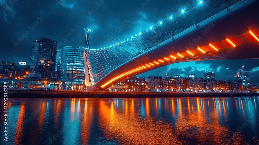 Fototapeta premium A stunning night view of a modern suspension bridge, with glowing lights reflecting on the river below.