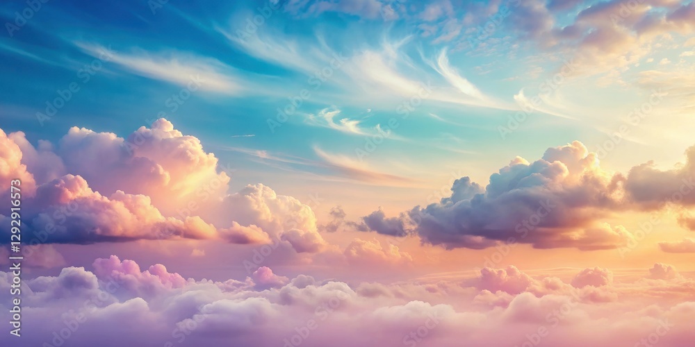 Fototapeta premium Ethereal landscape with wispy clouds amidst a soft pastel color gradient