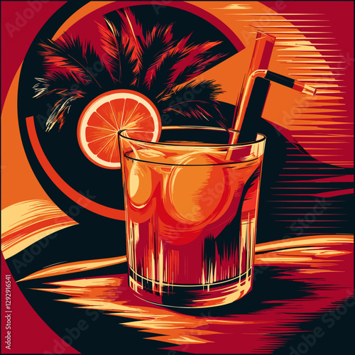 Cuba libre cocktail, Vibrant Cuba Libre cocktail illustration featuring rum and lime with a tropical garnish on a bold abstract background, vector